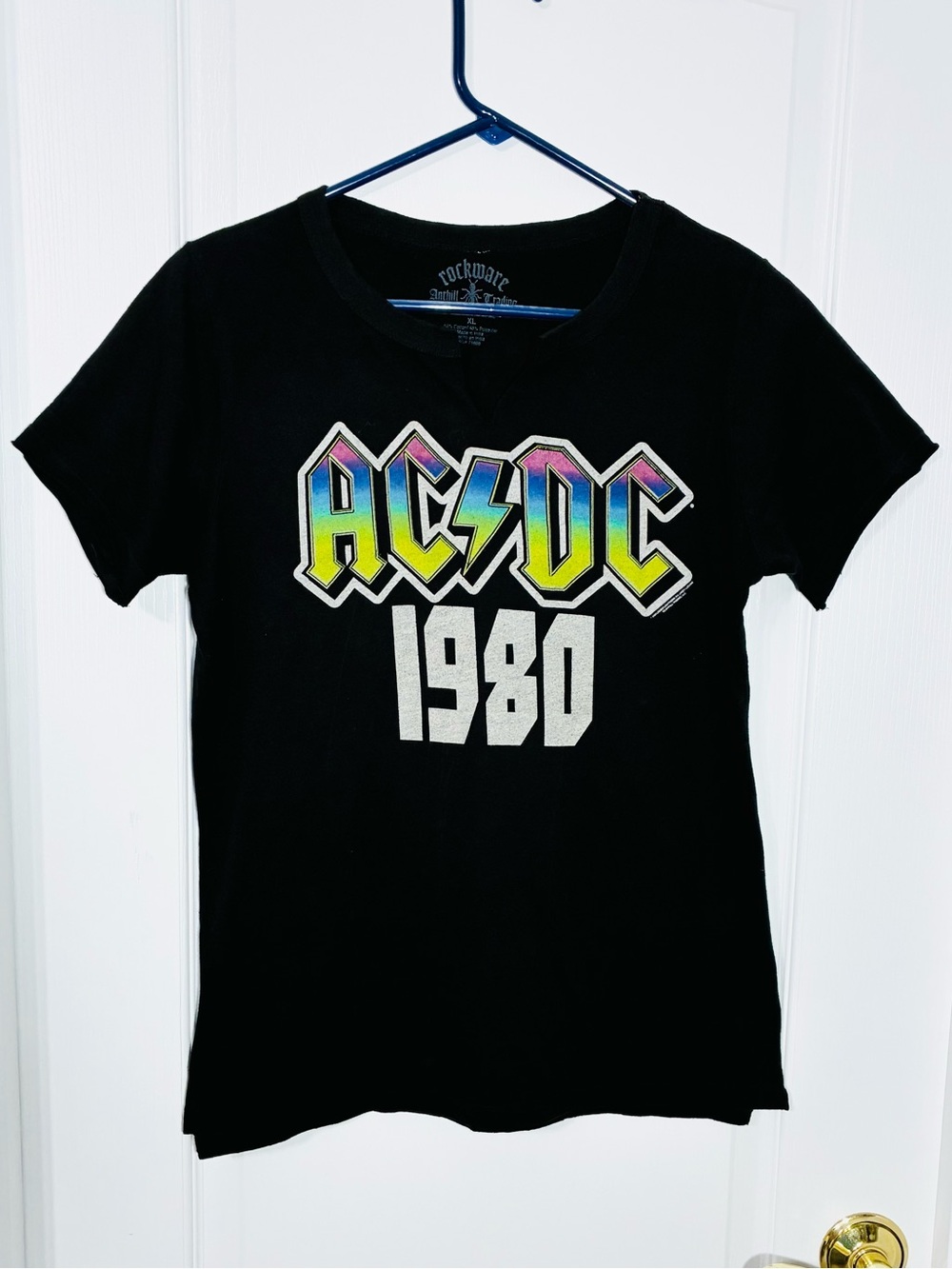 Y2K 2008 Rockware AC/DC 1980 Graphic Hand Cut Band Tee T- Shirt Black Size XL